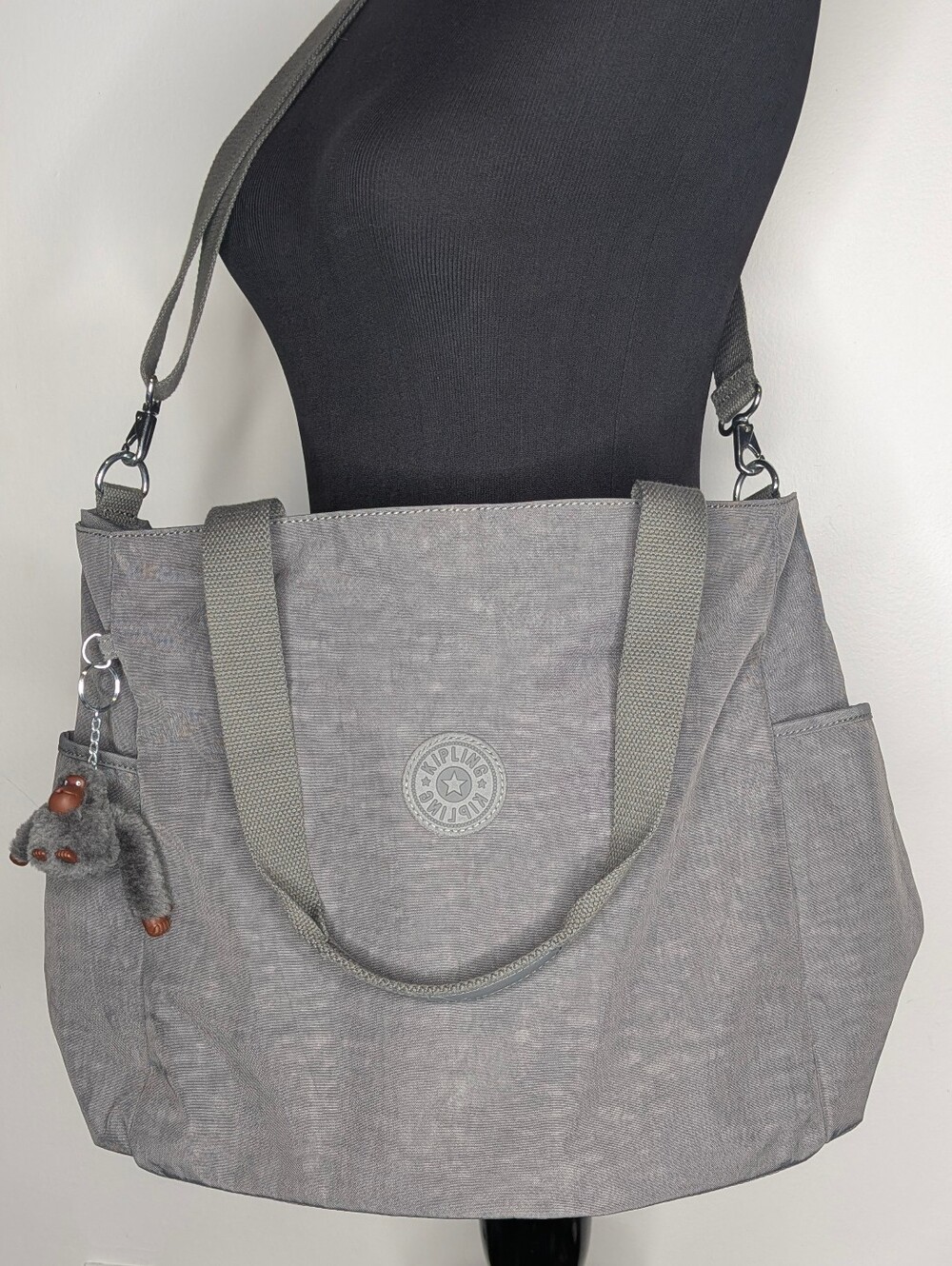 Kipling Lindsay Tote Bag TM5696 Crossbody Gray Nylon w/ Fuzzy Monkey Keychain